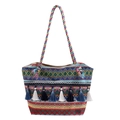 Bolso tote étnico de tejido bohemio con patrones geométricos coloridos y borlas - Azul