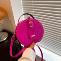 Magenta round crossbody bag with faux crocodile pattern and golden metal hardware - Rose Red