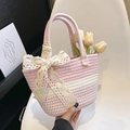 Handmade pink and white woven cotton rope bucket bag decorated with a delicate lace bow - Pink And Scarf