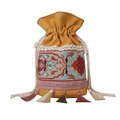 Yellow ethnic drawstring bucket bag with floral embroidery and colorful tassel charms - Yellow