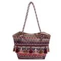 Bolso tote étnico tejido con borlas coloridas y patrones de ondas en multicolor - Rojo