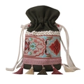 Ethnic green drawstring bucket bag with colorful floral embroidery and long tassels - Green