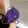 Chic purple round crossbody bag featuring embossed stone texture and golden metal buckle - Purple