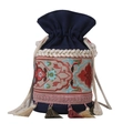Ethnic blue canvas bucket bag with floral embroidery and colorful tassels detail - Blue