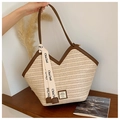 Beige gewebte Stroh-Shopper-Tasche mit braunem PU-Lederbesatz und dekorativem Band - Weiß und Braun