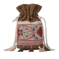 Brown canvas bucket bag featuring floral embroidery and colorful tassels for women - Khaki