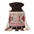 Ethnic drawstring bucket bag in dark brown canvas with floral embroidery and tassels - Brown