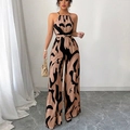 Halter neck jumpsuit with black abstract print and wide leg cut for summer wear - S / Brown