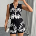 Two-piece summer set featuring black V-neck sleeveless top and shorts with white floral embroidery - S / Black