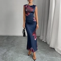 Elegant sleeveless dark blue slim fit maxi dress with vibrant purple floral patterns - S / Navy Blue