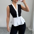 Camisa peplum sin mangas en contraste blanco y negro con escote en V para mujer - S / Negro & Blanco