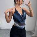Women's blue and black abstract ink print halter top with draped cowl neck and open back design - S / Mixed Colors