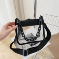 Modern transparent PVC jelly bag with black leather trim and thick chain strap - Black