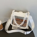 White transparent PVC jelly mini crossbody bag with plastic chain and woven shoulder strap - White