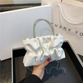 White pleated leather handbag with sparkling rhinestone handles and silver chain strap - White