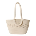 Borsa tote in cotone intrecciato color crema con trama ondulata e chiusura con bottone a perla - Bianco / 35x20x10cm