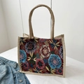 Sac fourre-tout ethnique avec broderie florale colorée et poignées en lin durable - Motif Un (Floral Vintage)