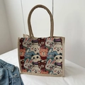 Sac fourre-tout en lin avec imprimés ours et lapin et doubles poignées robustes - Motif 2
