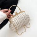 Elegant white tweed handbag with gold handle and flower details on high-quality fabric - Style 2 / White