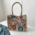 Sac fourre-tout en lin avec motif floral coloré et poignées rondes en haut - Motif 3