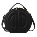 Minimalist large black leather round handbag with embossed D pattern and gold hardware - Black