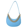 Minimalist light blue crescent shoulder bag with pebbled leather and gold chain strap - Blue
