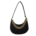 Minimalist black crescent shoulder bag with golden rhinestone chain on white background - Black