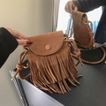 Brown faux suede crossbody phone bag featuring long fringe tassels and a magnetic flap closure - Brown