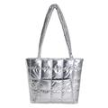 Silver quilted tote bag with metallic finish and large capacity shoulder straps - Silver
