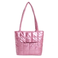 Pink metallic quilted tote bag with large capacity and square stitching detail for women - Pink