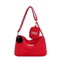 Red crossbody bag set with small round pouch and plush ball keychain in nylon fabric - Single Bag / Red