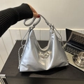 Chic silver metallic patent leather hobo bag with embossed logo and chain straps - Silver
