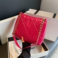 Fuchsia quilted tote bag with gold chain strap presented in a white luxury gift box - Rose Red