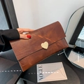 Vintage brown leather heart clutch bag with gradient texture and gold heart buckle - Dark Brown