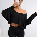 Conjunto negro para mujer con top corto de manga larga y hombros caídos y pantalón - S / Negro
