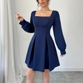 Navy blue A-line long sleeve dress with square neck and pleated waist design - S / Dresses / Navy Blue