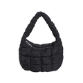 Minimalist black quilted cloud tote bag with glossy finish and silver metal zipper - Black
