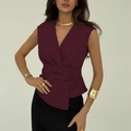 Women's deep red V-neck sleeveless top with pleated waist and irregular hem design - Burgundy