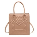Light brown tote bag with geometric triangle embossing and adjustable shoulder strap - Khaki