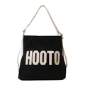 Große schwarze Canvas-Tasche mit weißem HOOTO-Patch und verstellbaren beigen Riemen - Schwarz