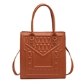 Brown faux leather square bag with geometric V-shaped textured pattern and golden rings - Brown
