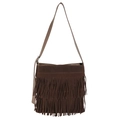 Borsa a spalla vintage in pelle scamosciata marrone con tre strati di lunghe frange - Marrone