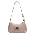 Pink faux leather hobo bag with heart buckle and silver rivets on white background - Pink