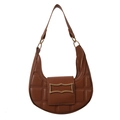 Brown quilted crescent hobo bag with gold metal clasp on white background - Brown