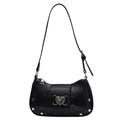 Glossy black shoulder bag with silver heart buckle and rivets for a retro chic style - Black