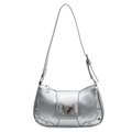 Silver Y2K faux leather shoulder bag featuring a metallic heart buckle and rivets - Silver