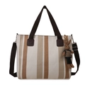Borsa tote in tela a righe beige e kaki con manici marroni e ciondolo a forma di coniglio - Stile senza Charm / Cachi