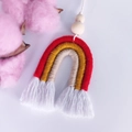 Detail of handmade cotton rainbow decor with red and yellow woven ropes and tassels - Red Ginger Off-white Color (C13)