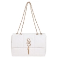 Bolso bandolera acolchado blanco con cadena dorada y borla sobre fondo blanco - Blanco