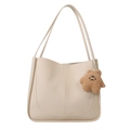 Sac cabas en cuir blanc cassé avec breloque ours en peluche marron et design spacieux - Style Simple / Blanc